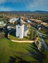 Aerial view of Roman Catholic Church of All Saints in Ocova in podpolanie region during winter Royalty Free Stock Photo