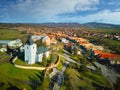 Aerial view of Roman Catholic Church of All Saints in Ocova in podpolanie region during winter