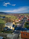 Aerial view of Roman Catholic church in Dubravy village near Detva town