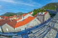 Aerial view with the roofs of old houses from the small town of Ston and medieval fortifications. Dubrovnik area, Croatia Royalty Free Stock Photo