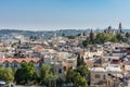 Aerial view of rooftops of buildings in the old city with Abbey of the Dormition of Jerusalem. View from the Lutheran Church of