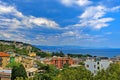 Aerial view from the rooftops of the Cathedral of the Infant Jesus of Prague Cathedral school, Arenzano, Liguria, Italy.