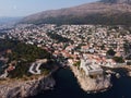 Aerial view of rooftops of Dubrovnik old historical town and Adriatic sea in Croatia. UNESCO World Heritage site, Famous