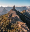 Aerial view of Roque Nublo, a volcanic rock in caldera of Tejeda, Gran Canaria, Canary islands, Spain