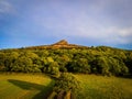 Aerial view of Roseberry Topping a distinctive hill in North Yorkshire, England. It is situated near Great Ayton and Newton under Royalty Free Stock Photo