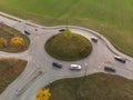 Aerial view of roundabout traffic with cars