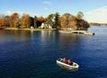 The aerial view of the the row boat near St Lawrence River in the fall of Wellesley Island, New York, U.S.A