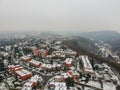 Aerial view of row houses in residential area of Baba in Dejvice in witner with snow on the flat roofs Royalty Free Stock Photo