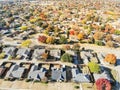 Aerial view row of new house with cul-de-sac dead-end and bright orange color fall foliage near Dallas Royalty Free Stock Photo