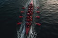 Aerial view of a rowers rowing in the sea, A bird\'sf a rowing team in perfect sync, AI Generated