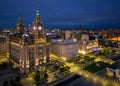 Aerial view of the Royal Liver Building, Cunard Building and Port of Liverpool Building, Liverpool, Merseyside.