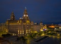 Aerial view of the Royal Liver Building, Cunard Building and Port of Liverpool Building, Liverpool, Merseyside.