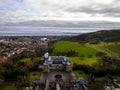 Aerial view of Royal mile end and Arthurs seat in Edinburgh
