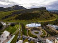 Aerial view of Royal mile end and Arthurs seat in Edinburgh