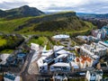 Aerial view of Royal mile end and Arthurs seat in Edinburgh