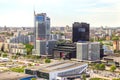 Aerial view of Royal Plaza, Gallery, Hotel Doubletree by Hilton, Banks, Palace of sports. Belarus, Minsk, Nemiga, May 20, 2017