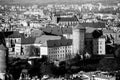 Aerial view of Royal Wawel castle in Krakow, Poland. Black and white photo. Royalty Free Stock Photo