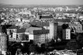 Aerial view of Royal Wawel castle with park in Krakow, Poland. Black and white photo. Royalty Free Stock Photo