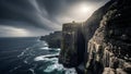 Dramatic Cliffs of Moher landscape with stormy sky and sun rays breaking through clouds Royalty Free Stock Photo