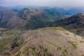 Aerial view of rugged, mountainous scenery