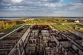 Aerial view of ruined abandoned construction of nuclear power plant