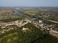 Aerial view of city Halych with ruined castle on hill, river and horisont