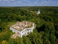 Aerial view of ruined overgrown old abandoned mansion. Former estate of the Golitsyns in Zubrilovka