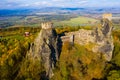 Aerial view of ruined Trosky Castle in Bohemian Paradise
