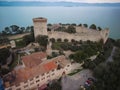 Aerial view of ruins of Castillo del Leone castle Castiglione del Lago in Umbria, Italy
