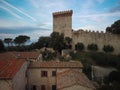 Aerial view of ruins of Castillo del Leone castle Castiglione del Lago in Umbria, Italy