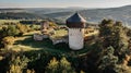 Aerial view of ruins of Hartenstejn castle in west Bohemia,Czech Republic.Late Gothic medieval castle situated on prominent hill. Royalty Free Stock Photo