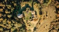 Aerial view of ruins of Hartenstejn castle in west Bohemia,Czech Republic.Late Gothic medieval castle situated on prominent hill. Royalty Free Stock Photo