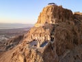 Aerial view of the ruins of Massada is a fortress built by Herod the Great on a cliff-top off the coast of the Dead Sea.