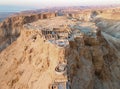 Aerial view of the ruins of Massada is a fortress built by Herod the Great on a cliff-top off the coast of the Dead Sea.