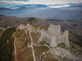 Aerial view of ruins of medieval castle in Rocca Calascio in Abruzzo, Italy