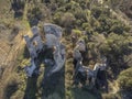 aerial view of the ruins of a monastery with a crenellated tower, drone view, convent of la Salceda, Tendilla, Guadalajara, Spain