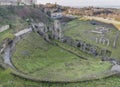 Aerial view of the ruins of the Roman Theater and Baths in Volterra, Pisa, Tuscany, Italy