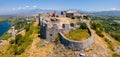 Aerial view of the ruins of the Rozafa Castle located in the city of Shkoder in Albania Royalty Free Stock Photo
