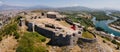 Aerial view of the ruins of the Rozafa Castle located in the city of Shkoder in Albania Royalty Free Stock Photo