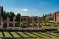 Aerial view of ruins of Temple of Vespasian and Titus in Italy