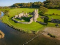 Aerial view of the ruins of the 12th century Ogmore Castle, Wales Royalty Free Stock Photo