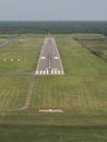 Aerial view runway at dusk.