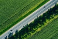 Aerial view of a rural asphalt road through a green corn field in summer