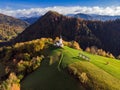 Aerial view of rural church or chapel in Slovenia at autumn