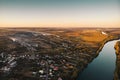 Aerial view of rural countryside, beautiful autumn nature landscape panorama from above with big river and farm fields Royalty Free Stock Photo