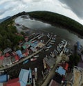aerial view of rural fishing village by the river bank. Royalty Free Stock Photo