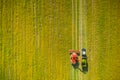 Aerial View Of Rural Landscape. Combine Harvester And Tractor Working Together In Field. Harvesting Of Oilseed In Spring Royalty Free Stock Photo