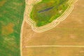 Aerial View Of Rural Landscape. Combine Harvester Working In Field, Collects Seeds. Harvesting Of Wheat In Late Summer Royalty Free Stock Photo