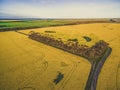 Aerial view of rural road passing through agricultural land in Australian countryside at sunset. Royalty Free Stock Photo