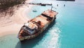 Aerial view of a rusting ship wreck on the island of Grand Turk in the Caribbean